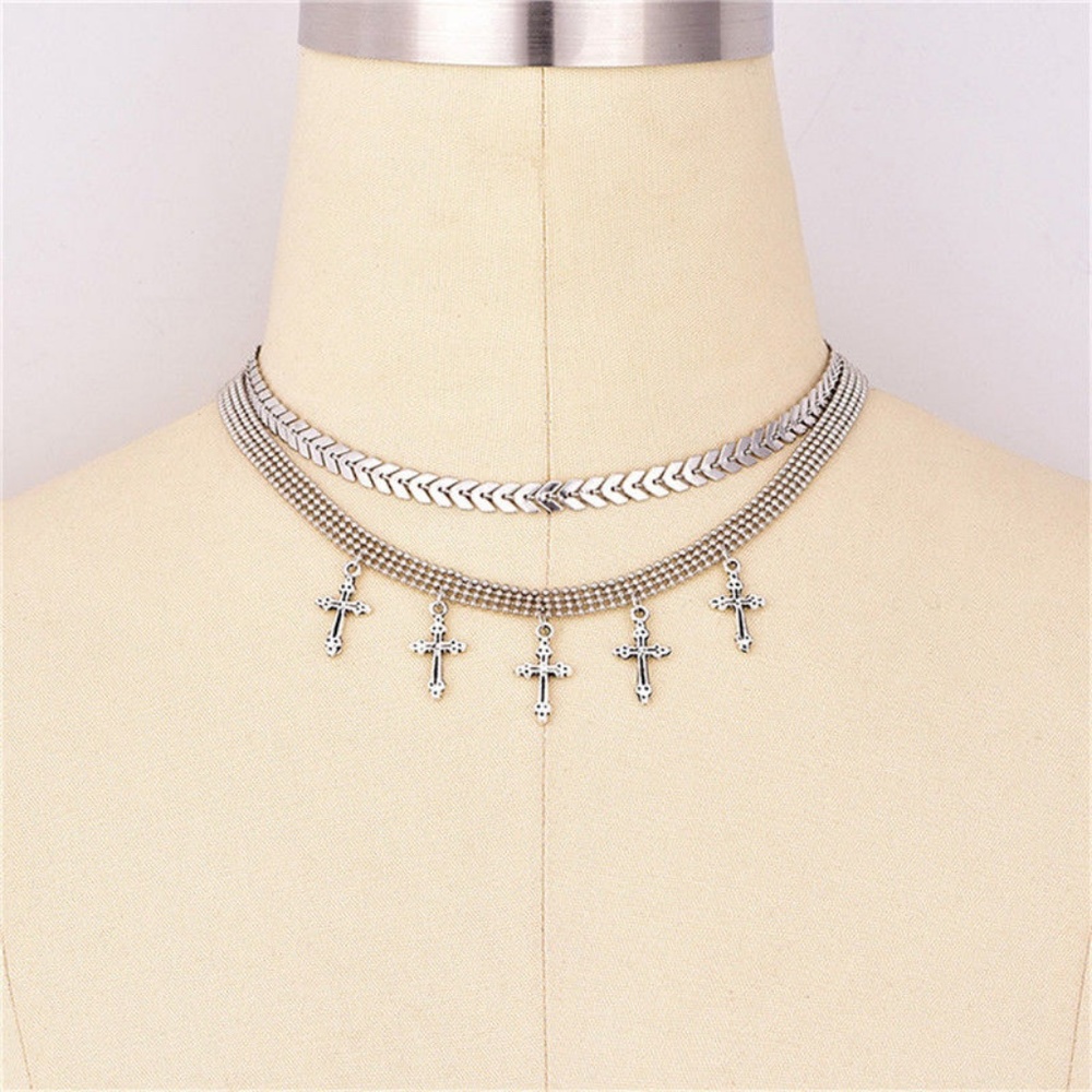 Double Layer Cross Pendant Necklace Choker Silver - Picture 3 of 4